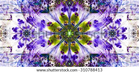 Large wide flower background with a detailed flower in the center, smaller ones on left and right and detailed decorative floral surrounding, all in dark vivid purple,green,orange