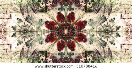Large wide flower background with a detailed flower in the center, smaller ones on left and right and detailed decorative floral surrounding, all in bright dark vivid tinted red,pink,green