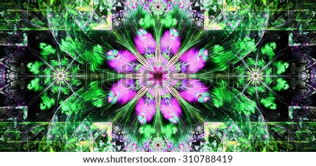 Large wide flower background with a detailed flower in the center, smaller ones on left and right and detailed decorative floral surrounding, all in high resolution and bright green,pink,yellow