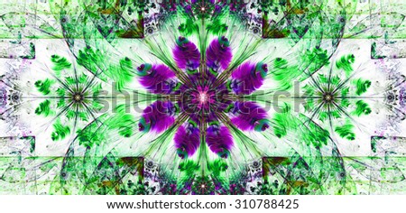 Large wide flower background with a detailed flower in the center, smaller ones on left and right and detailed decorative floral surrounding, all in dark vivid green,pink,blue,red
