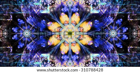 Large wide flower background with a detailed flower in the center, smaller ones on left and right and detailed decorative floral surrounding, all in high resolution and bright blue,pink,yellow
