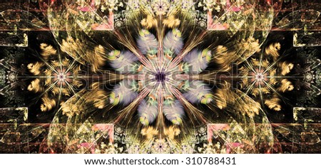 Large wide flower background with a detailed flower in the center, smaller ones on left and right and detailed decorative floral surrounding, all in bright sepia tinted yellow,pink,purple