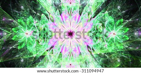 Large wide flower background with a detailed flower in the center, smaller ones on left and right and detailed decorative floral surrounding, all in high resolution and bright green and pink
