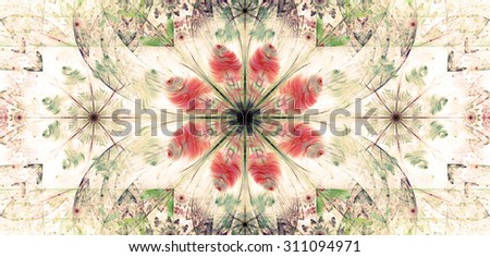 Large wide flower background with a detailed flower in the center, smaller ones on left and right and detailed decorative floral surrounding, all in and pastel sepia tinted red,green,purple