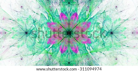 Large wide flower background with a detailed flower in the center, smaller ones on left and right and detailed decorative floral surrounding, all in high resolution and pastel green,pink,cyan