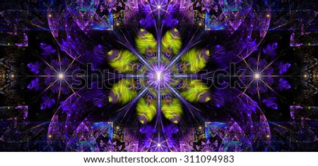 Large wide flower background with a detailed flower in the center, smaller ones on left and right and detailed decorative floral surrounding, all in high resolution and shining blue,purple,yellow,pink