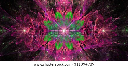 Large wide flower background with a detailed flower in the center, smaller ones on left and right and detailed decorative floral surrounding, all in high resolution and shining pink and green