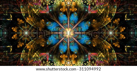 Large wide flower background with a detailed flower in the center, smaller ones on left and right and detailed decorative floral surrounding, all in high resolution and shining yellow,pink,blue