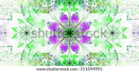 Large wide flower background with a detailed flower in the center, smaller ones on left and right and detailed decorative floral surrounding, all in high resolution and pastel green,pink,purple