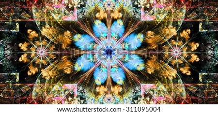 Large wide flower background with a detailed flower in the center, smaller ones on left and right and detailed decorative floral surrounding, all in high resolution and bright blue,pink,green,orange