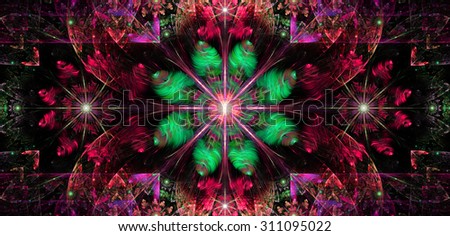 Large wide flower background with a detailed flower in the center, smaller ones on left and right and detailed decorative floral surrounding, all in high resolution and shining red,pink,green