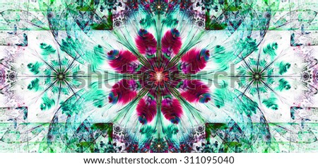 Large wide flower background with a detailed flower in the center, smaller ones on left and right and detailed decorative floral surrounding, all in high resolution and dark cyan,pink,red