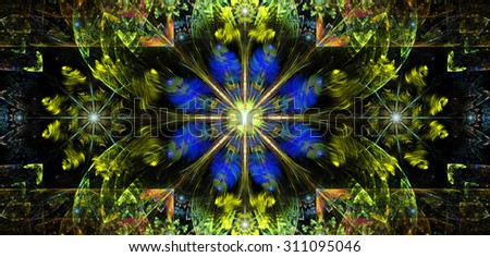 Large wide flower background with a detailed flower in the center, smaller ones on left and right and detailed decorative floral surrounding,all in high resolution and shining green,yellow,blue,orange