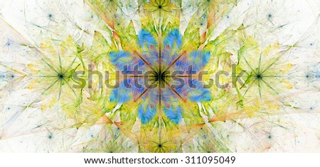 Large wide flower background with a detailed flower in the center, smaller ones on left and right and detailed decorative floral surrounding, all in high resolution and pastel yellow,green,blue,purple