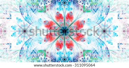 Large wide flower background with a detailed flower in the center, smaller ones on left and right and detailed decorative floral surrounding, all in high resolution and pastel blue,pink,purple