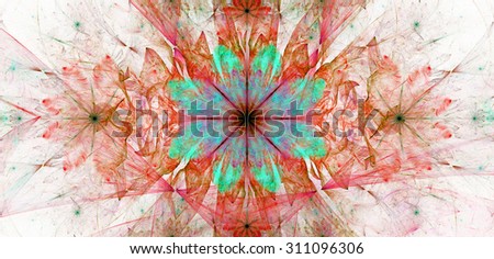 Large wide flower background with a detailed flower in the center, smaller ones on left and right and detailed decorative floral surrounding, all in high resolution and pastel red,green,blue