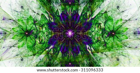 Large wide flower background with a detailed flower in the center, smaller ones on left and right and detailed decorative floral surrounding, all in high resolution and dark green,pink,purple