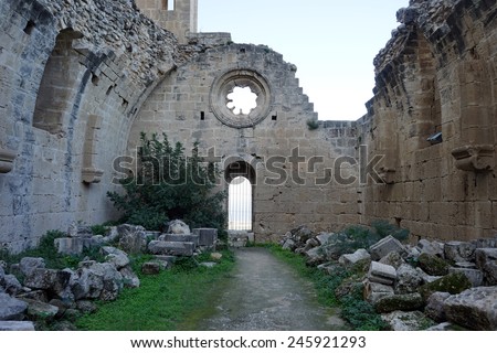 Inside ruined church in Bellapais monastery near Girne, North Cyprus