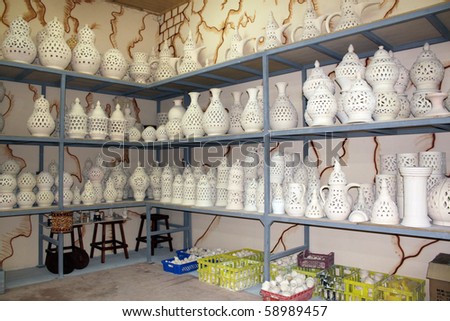 Corner inside small pottery shop in Bahrein