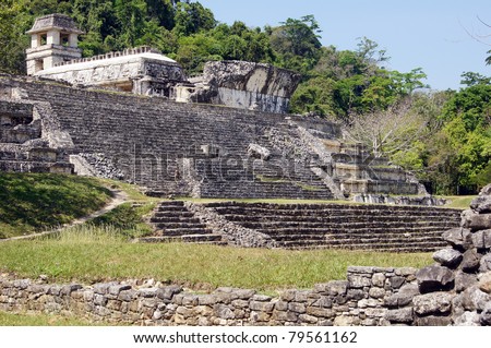 Old stone palace with staircase in Palenque, Mexico