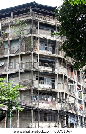 Old apartment on the back street of China town in Bangkok, Thailand