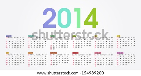 2014 Calendar. Weeks start with Sunday. Colorful illustration on white background.