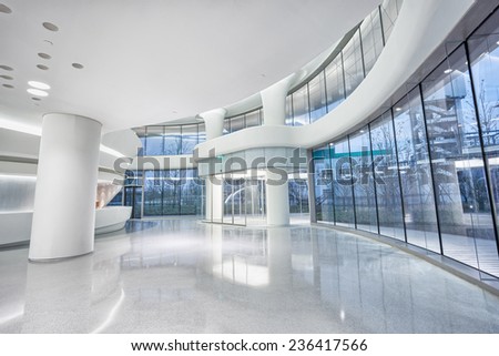 futuristic modern office building interior in urban city