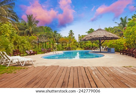 Resort swimming pool with empty plank board