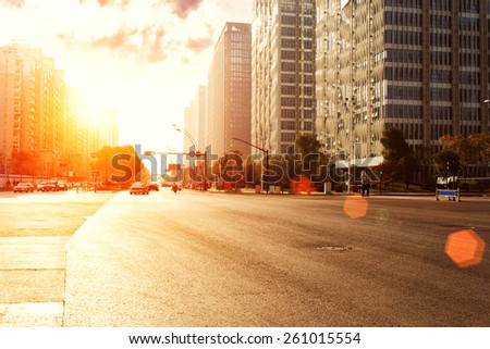 skyline,urban road and office buildings at sunset