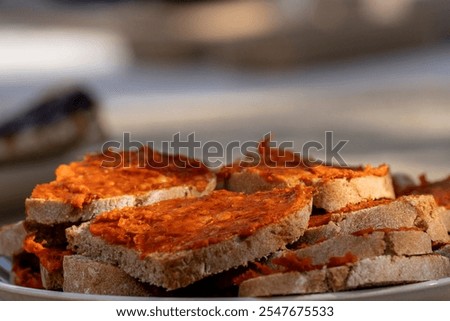 Image, Stock Photo Sobrasada with bread and parmesan typical mallorca spain