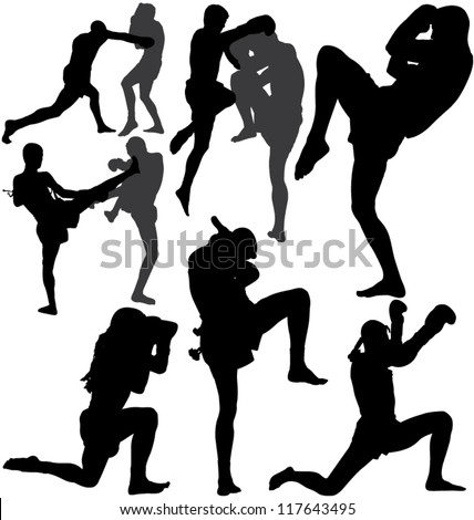 Muay Thai (Thai Boxing) fight and Wai Kru Ram Muay (traditional dance before fight) vector silhouettes. Layered. Fully editable