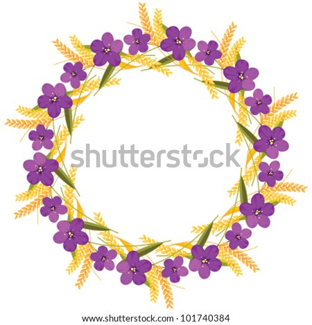 Autumn flower wreath with purple flowers and golden ears