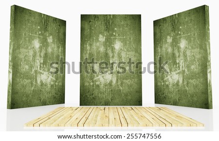 Three stage green grunge and wooden board flat on the floor.