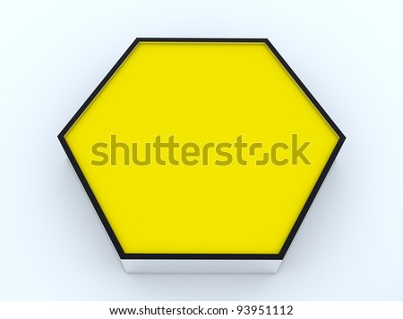 One blank yellow hexagon box display new design aluminum frame template for design work, on white background.