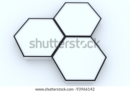 Three blank hexagon box display new design aluminum frame template for design work, on white background.
