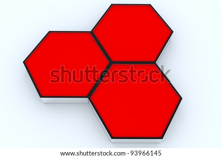 Three blank red hexagon box display new design aluminum frame template for design work, on white background.