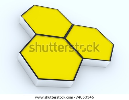 Three blank yellow hexagon box display new design aluminum frame template for design work, on white background.