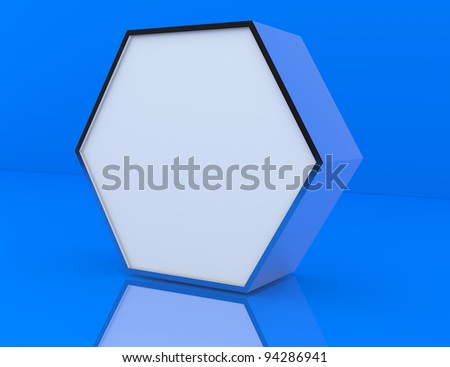 One blank hexagon box display new design aluminum frame template for design work, on blue background.
