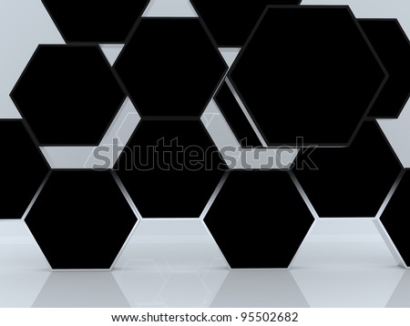3D blank abstract black hexagon box display new design aluminum frame template for design work, on white background.