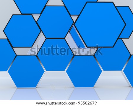3D blank abstract blue hexagon box display new design aluminum frame template for design work, on white background.