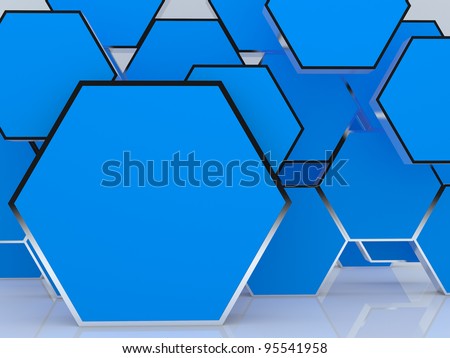 3D blank abstract blue hexagon box display new design aluminum frame template for design work, on white background.