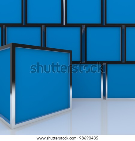 3D blank abstract blue box display new design aluminum frame template for design work, on white background.