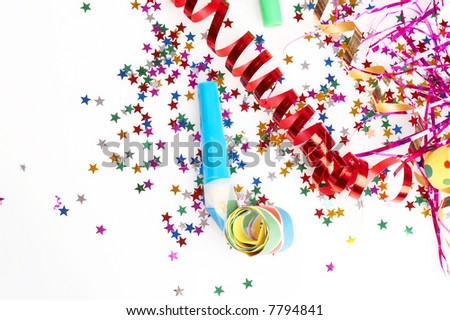 red and golden spirals, purple steamers, small confetti stars and colorful blowers on white background, party time