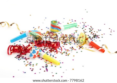 red and golden spirals, small confetti stars and colorful blowers on white background, party time