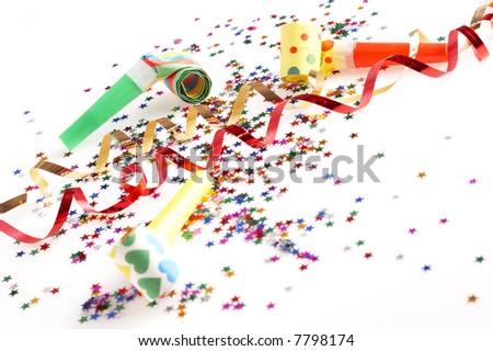 red and golden spirals, small confetti stars and colorful blowers on white background, party time