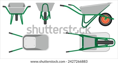 Vintage garden single wheel wheelbarrow with two handles, pneumatic tire and grey metal body front, back, side, top, bottom view set isolated on white vector illustration