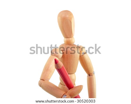 Artist mannequin holding a red pencil.