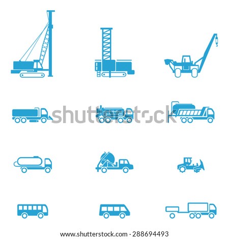 Icons for different types of special vehicles, part 5 / There are icons for special transport like bus, pipe layer, and pile-driving machine
