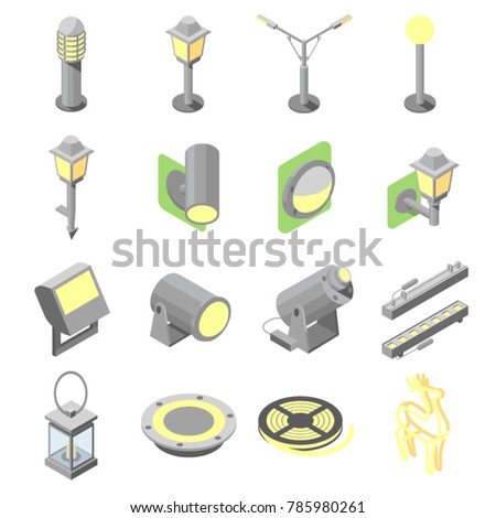 Icons of outdoor lights in isometric view and solid fill on white background