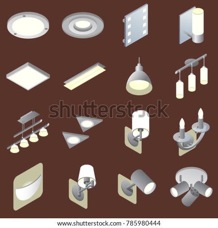 Icons of indoor lights in isometric view and gradient fill on dark background
